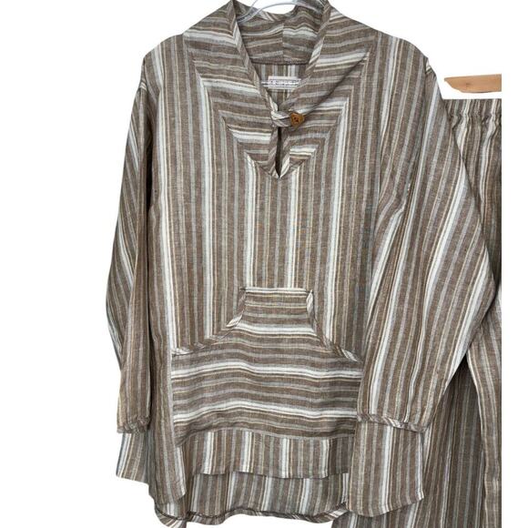 Bodil 100% Linen Pullover Tunic and Pull On Pants Set Brown White Size XS - Picture 2 of 7